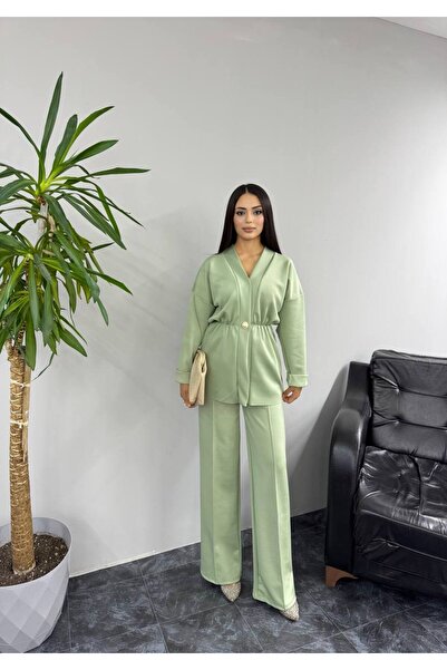 SHEZAN MODA سترة نسائية بأزرار وقصة مريحة مع خصر مطاطي وبنطلون واسع الساق من ...