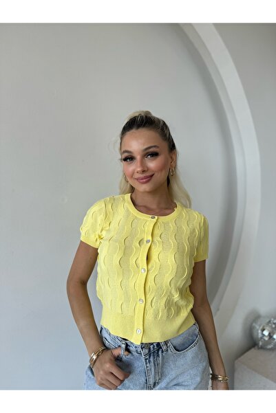 FEHUBLOOM Women's Yellow Short Sleeve Buttoned Cardigan