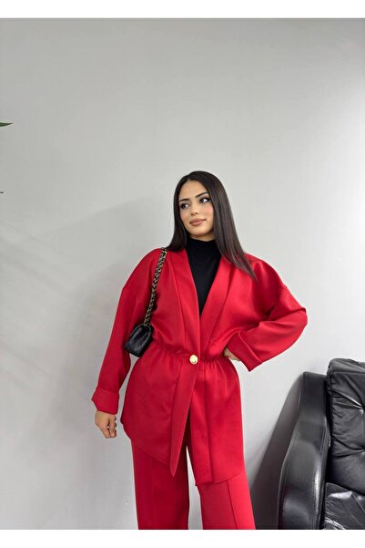 SHEZAN MODA Kadın Bel Lastikli Rahat Kesim Düğmeli Ceket Çimalı Bol Paça Pantolon İkili Scuba Takım BB-10004734