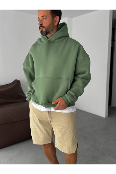 BYBASICMAN Yeşil Basic Kapüşonlu Sweatshirt JJ-163