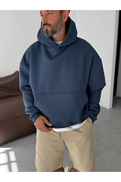 BYBASICMAN Lacivert Basic Kapüşonlu Sweatshirt JJ-163