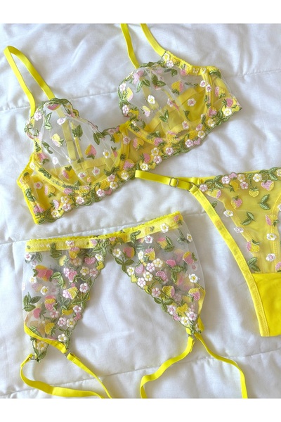 Feruzdesign Carety Yellow Floral Underwire 3-Piece Bra Set