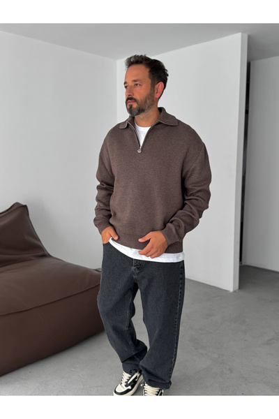 BYBASICMAN Kahve Yarım Fermuarlı Triko Sweatshirt G-18130