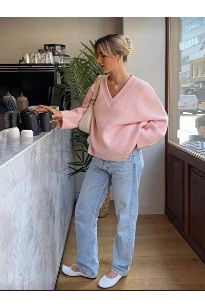 miyoshi Pink V-Neck Knitwear Women's Sweater
