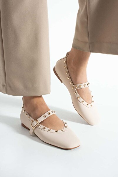 diclepolat Women's Beige Studded Buckle Women's Ballerina Rock