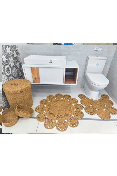 GNG Home Tekstil طقم حمام من 5 قطع من حبال الجوت - سجادة من الخيزران وسلة غسي...