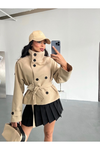 LB Laluna Butik Women's Belted Pocketed Stand Collar Trench Coat