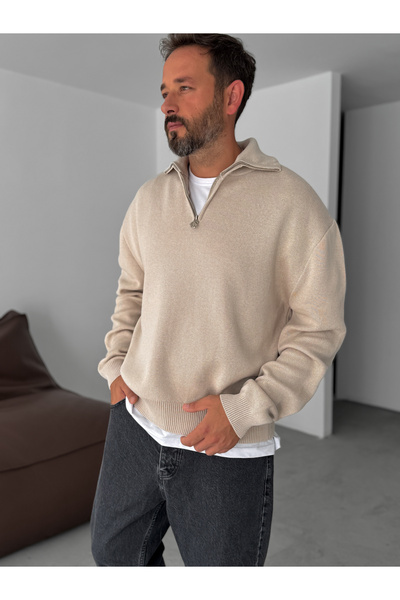 BYBASICMAN Beige Half Zip Knitwear Sweatshirt G-18130