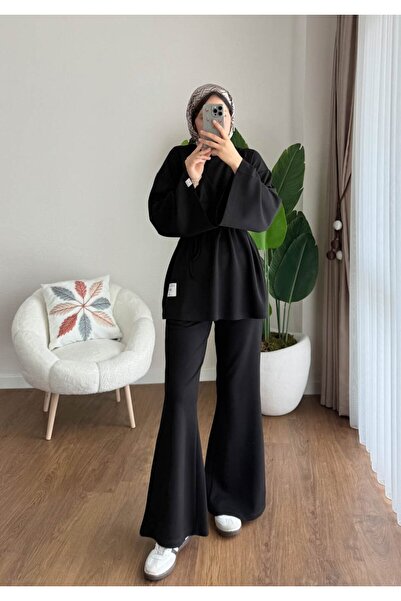 Miraydın Butik Γυναικείο καμπάνα Παντελόνι Σετ Δύο Τεμάχια M25114 - Μαύρο