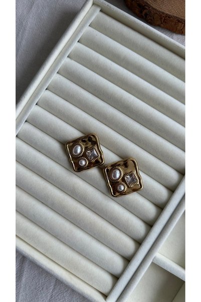Rüya Pearl Stone Detail Square Earrings