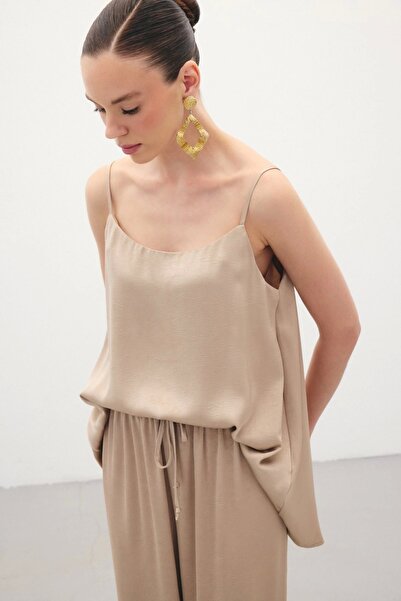 Sateen Satin Blouse with Strap - Mink