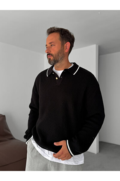 BYBASICMAN Black Button Detailed Polo Neck Knitwear Sweatshirt G-18153