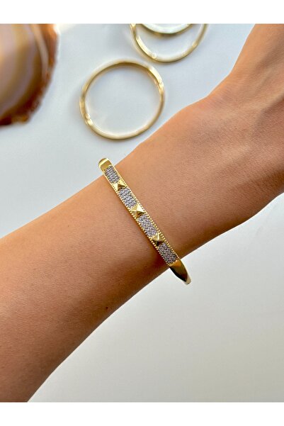 YOUES JEWELRY 316L Çelik VIP SERİ 14K Altın Renk Minimal Taşlı Kelepçe Bilezi...