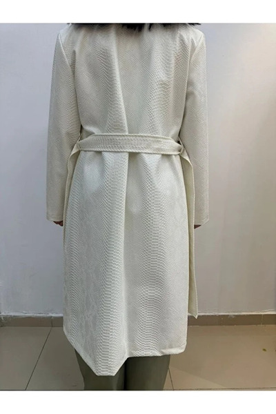 Mivelya Yılan Desenli Kemerli Uzun Trençkot