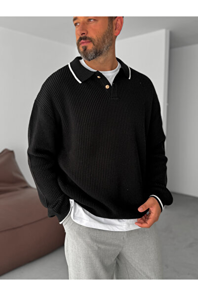 BYBASICMAN Siyah Düğme Detaylı Polo Yaka Triko Sweatshirt G-18153