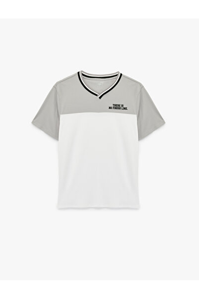 Koton Color Block V-Neck Half Sleeve Printed Oversize Sports T-Shirt