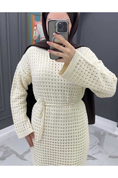 MissPul Women's Lined Belted Knitted Detailed Tricot Dress