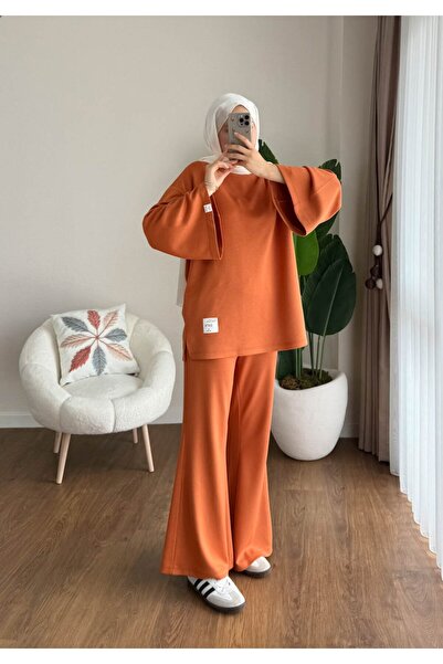 Miraydın Butik Γυναικείο Παντελόνι καμπάνα Σετ Δύο Τεμάχια M25114 - Πορτοκαλί