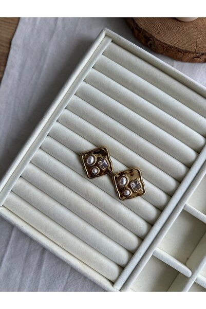 Rüya Pearl Stone Detail Square Earrings