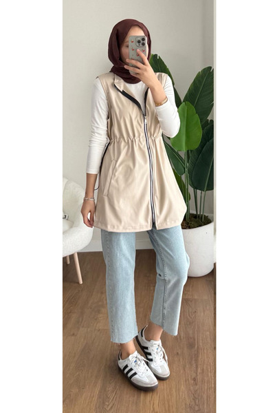 Miraydın Butik Women's Zippered Leather Vest M2481 - Beige