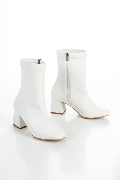 Floransa beyaz Kadın Küt Burun Topuklu Bot Orta Bot Yandan Fermuarlı