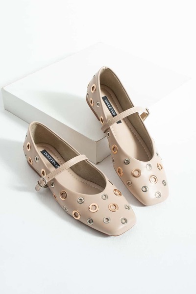 diclepolat Women's Beige Ballet Flats with Metal Ring Detail and Belted Casual Shoes Luce
