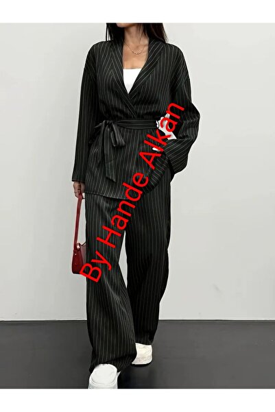 By Hande Alkan Women's Black and White Striped Pants Jacket Set