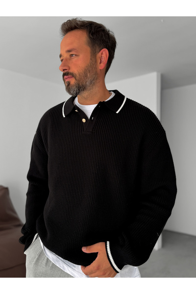 BYBASICMAN Black Button Detailed Polo Neck Knitwear Sweatshirt G-18153