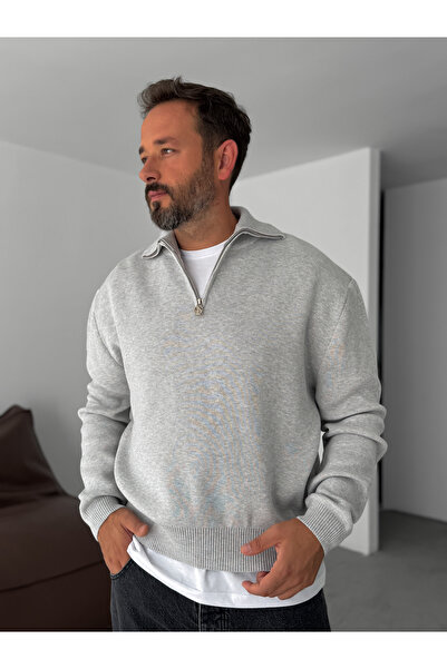 BYBASICMAN Açık Gri Yarım Fermuarlı Triko Sweatshirt G-18130
