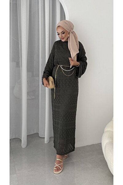 MissPul Women's Lined Belted Knitted Detailed Tricot Dress