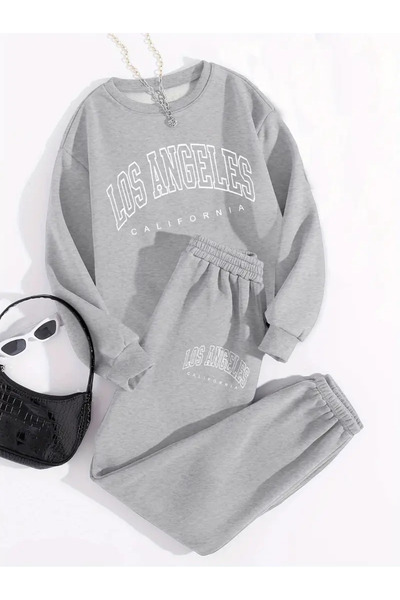 darkopia Unisex Los Angeles California Printed Oversize 3 Thread Crew Neck Sweatshirt Tracksuit Set