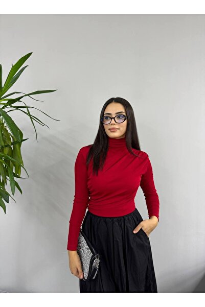 SHEZAN MODA Kadın Büzgülü Balıkçı Yaka Badi Buzzy Kırmızı Kumaş BB-10004732