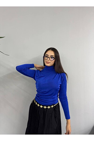 SHEZAN MODA Women's Drawstring Turtleneck Badi Buzzy Blue Fabric Bb-10004732