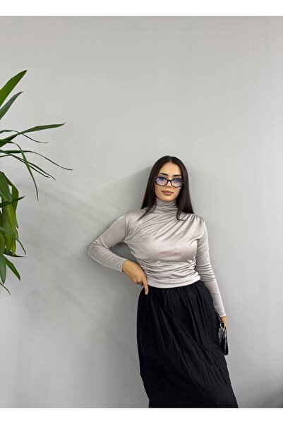 SHEZAN MODA Kadın Büzgülü Balıkçı Yaka Badi Buzzy Gri Kumaş BB-10004732