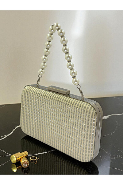 Biçanta Ecru Color Pearl Handle Glitter Wire Wrapping Women's Evening Dress Bag Wedding Engagement Graduation