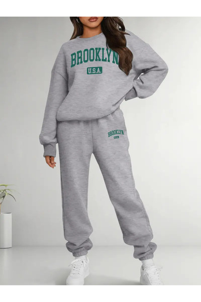 darkopia Unisex Brooklyn Usa Printed Oversize 3 Thread Crew Neck Sweatshirt Tracksuit Set