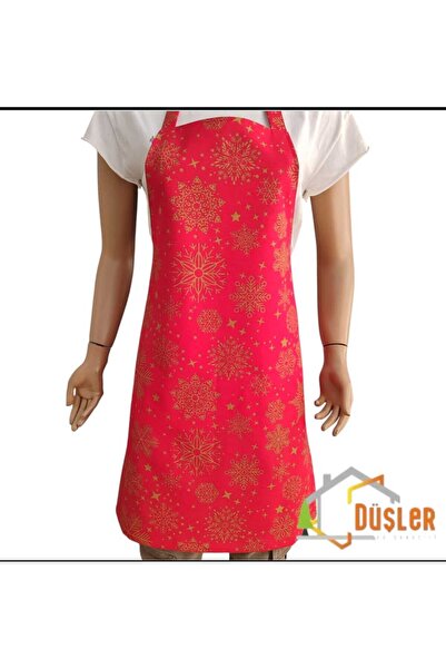 DÜŞLER EV TEKSTİLİ Snowy Red New Year Gilded Snowflake Patterned Adjustable Water and Stain Repellent Kitchen Apron