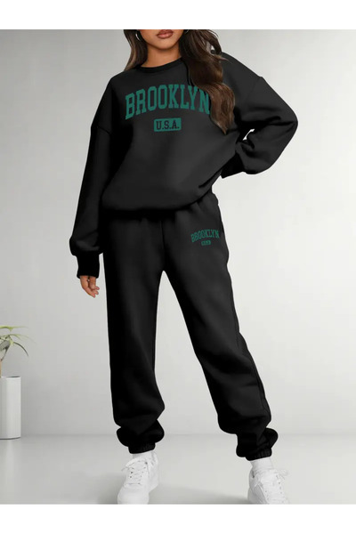 darkopia Unisex Brooklyn Usa Printed Oversize 3 Thread Crew Neck Sweatshirt Tracksuit Set