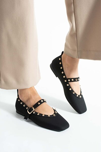 diclepolat Women's Black Studded Buckle Women's Ballerina Rock