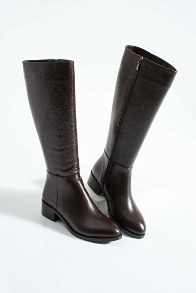 diclepolat Women's Brown Genuine Leather Long Zippered Boots Bruna