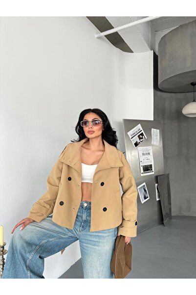 LB Laluna Butik Women's Belted Pocketed Stand Collar Trench Coat