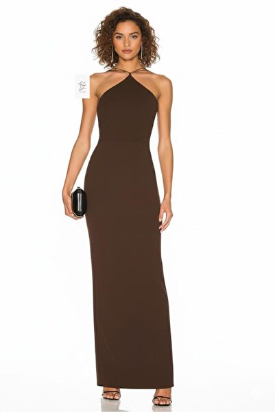 DİDVAKE فستان ماكسي من الجيرسي الحريري ذو فتحة باللون البني