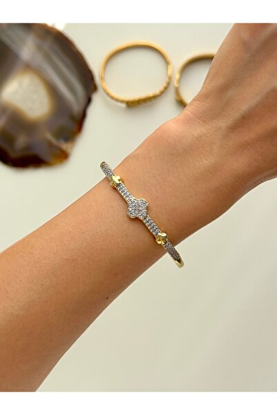 YOUES JEWELRY 316L Çelik VIP SERİ 14K Altın Renk Minimal Taşlı Kelepçe Bilezi...