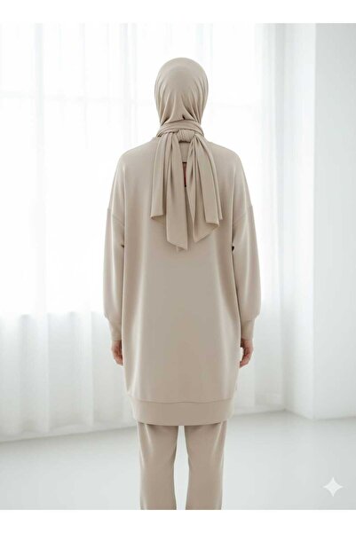 Puane Women's Beige Color Scuba Fabric Hijab Tunic with Pocket Detail
