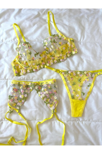 Feruzdesign Carety Yellow Floral Underwire 3-Piece Bra Set
