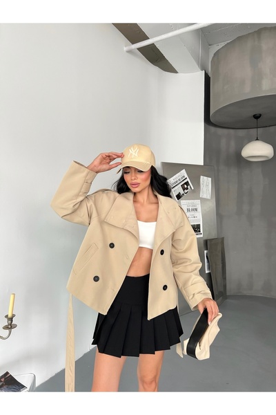 LB Laluna Butik Women's Belted Pocketed Stand Collar Trench Coat