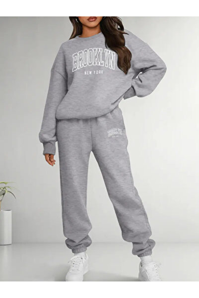 darkopia Unisex Brooklyn New York Printed Oversize 3 Thread Crew Neck Sweatshirt Tracksuit Set