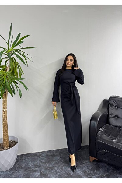 SHEZAN MODA فستان نسائي أسود من قماش الغوص بأكمام من الفالون وتفاصيل ربط جانب...