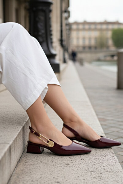 Brielfy Women's Flag Heel Premium Side Buckle Spring Chic Combinable Classic Shoes Burgundy