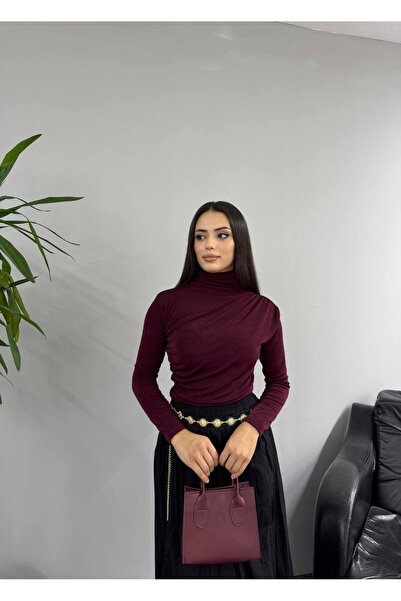 SHEZAN MODA Kadın Büzgülü Balıkçı Yaka Badi Buzzy Kumaş Bordo BB-10004732